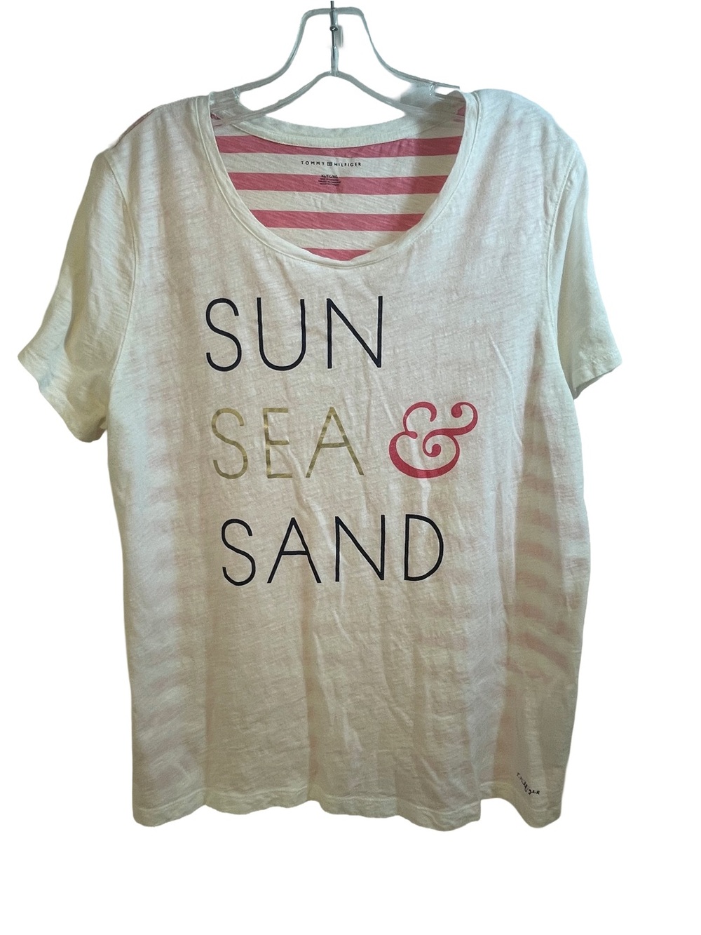 Tommy Hilfiger Women’s White Graphic Tee w/ Pink Stripes Size XL -Sun Sea & Sand